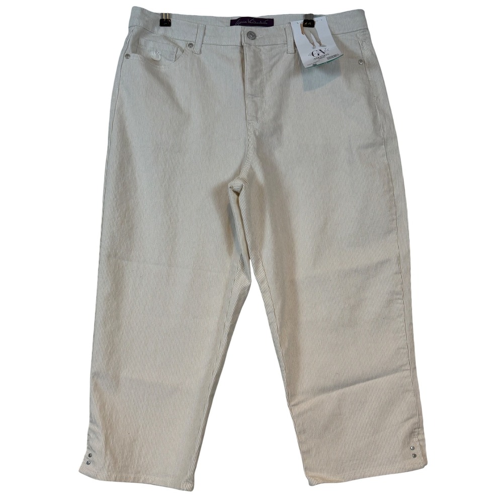 Gloria Vanderbilt Amanda Capri Pants Womens 12 Beige White Pinstripe High Rise